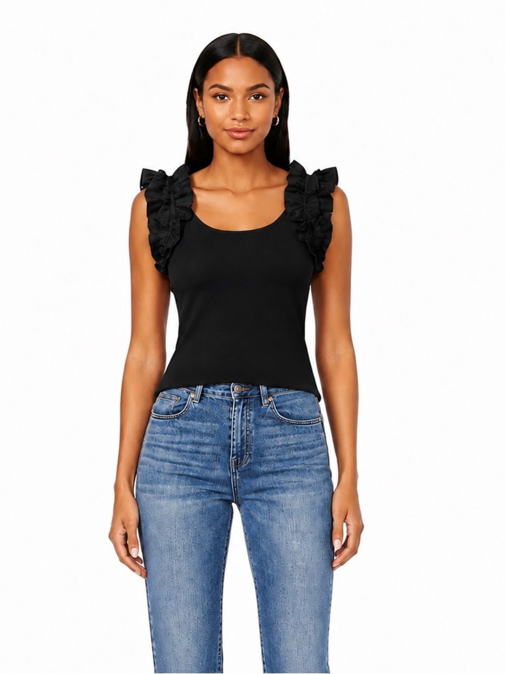 NEW Cece Ruffle Sleeve Tank Top Ribbed Black Shell Size 3X Office